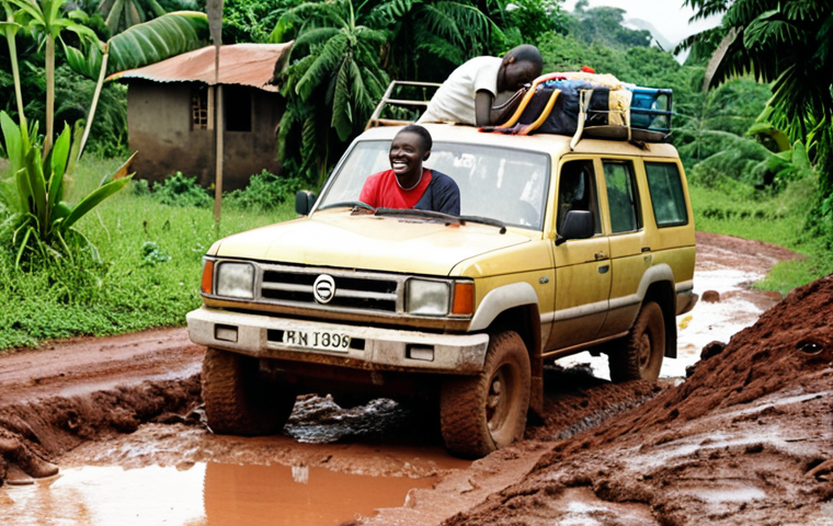**Image Prompt:** A heavily potholed, unpaved road in Guinea. A battered 4x4 vehicle is stuck in the mud, surrounded by smiling locals offering assistance. Lush green vegetation in the background. Focus on the collaborative spirit.
