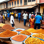 **Image of a bustling Conakry market:** A vibrant marketplace scene in Conakry, Guinea, overflowing with colorful fruits, vegetables, fresh seafood, and spices. Focus on local vendors selling "Akara" (bean cakes) and "Tapas" (peanut paste). Capture the energy and sounds of the market with people bargaining and interacting.