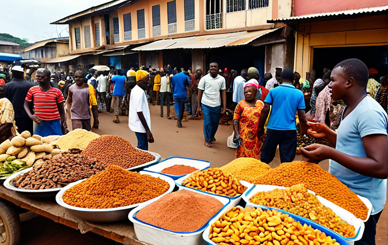 **Image of a bustling Conakry market:** A vibrant marketplace scene in Conakry, Guinea, overflowing with colorful fruits, vegetables, fresh seafood, and spices. Focus on local vendors selling "Akara" (bean cakes) and "Tapas" (peanut paste). Capture the energy and sounds of the market with people bargaining and interacting.