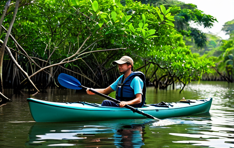 A solo adventurer, fully clothed in modest, lightweight outdoor attire and a life vest, gently paddling a kayak through a tranquil, lush mangrove forest in Guinea. The water is calm and reflects the vibrant green foliage. Exotic birds are visible in the background, adding to the serene atmosphere. Early morning light filters through the dense canopy. Professional photography, high quality, perfect anatomy, correct proportions, natural pose, well-formed hands, proper finger count, natural body proportions, safe for work, appropriate content, family-friendly.