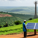 A person in a modest, professional dress, holding a smartphone and looking at the screen, standing on a gentle hill in a vast, sunlit rural landscape in Guinea. In the distance, a modern but sturdy cellular tower with a few solar panels is visible, symbolizing emerging infrastructure. The scene captures a sense of quiet determination and connection. The lighting is bright and natural, highlighting the expansive sky. Professional photography, high detail, perfect anatomy, correct proportions, natural pose, well-formed hands, proper finger count, natural body proportions, safe for work, appropriate content, fully clothed, modest, family-friendly.
