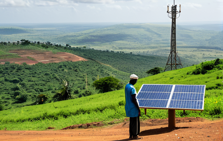 A person in a modest, professional dress, holding a smartphone and looking at the screen, standing on a gentle hill in a vast, sunlit rural landscape in Guinea. In the distance, a modern but sturdy cellular tower with a few solar panels is visible, symbolizing emerging infrastructure. The scene captures a sense of quiet determination and connection. The lighting is bright and natural, highlighting the expansive sky. Professional photography, high detail, perfect anatomy, correct proportions, natural pose, well-formed hands, proper finger count, natural body proportions, safe for work, appropriate content, fully clothed, modest, family-friendly.