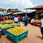 **

"A vibrant marketplace scene in Conakry, Guinea, filled with colorful fruits and vegetables. Vendors are selling their goods, and people are browsing the stalls. Focus on the exotic fruits like mangoes, pineapples, and bananas. In the background, show modest buildings and the hustle of daily life. Safe for work, appropriate content, fully clothed, professional photography, perfect anatomy, natural proportions, high quality."

**