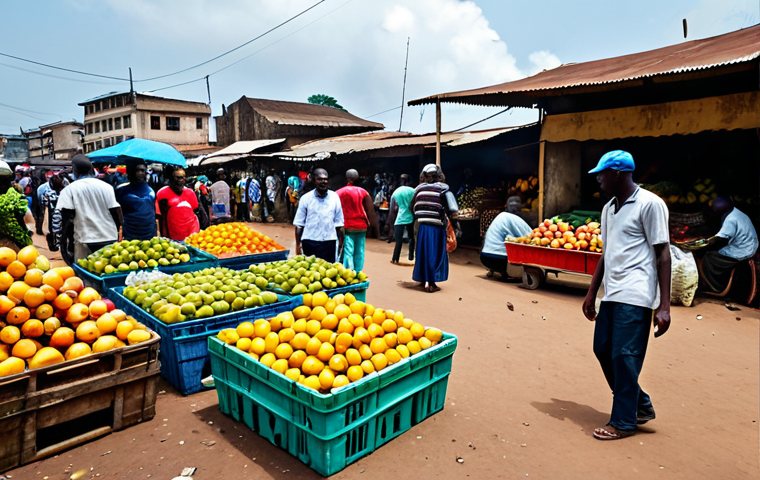**
"A vibrant marketplace scene in Conakry, Guinea, filled with colorful fruits and vegetables. Vendors are selling their goods, and people are browsing the stalls. Focus on the exotic fruits like mangoes, pineapples, and bananas. In the background, show modest buildings and the hustle of daily life. Safe for work, appropriate content, fully clothed, professional photography, perfect anatomy, natural proportions, high quality."
**