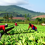 Banana Plantation Scene**

"A lush banana plantation in Guinea, West Africa, with farmers harvesting the ripe fruit. The scene shows workers carefully cutting bunches of bananas and loading them onto carts. Rolling hills in the background under a bright, sunny sky. Everyone is fully clothed in modest farming attire. Safe for work, appropriate content, family-friendly, professional quality, perfect anatomy, correct proportions, natural pose, well-formed hands, proper finger count, natural body proportions."

**