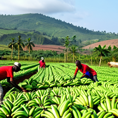 Banana Plantation Scene**

"A lush banana plantation in Guinea, West Africa, with farmers harvesting the ripe fruit. The scene shows workers carefully cutting bunches of bananas and loading them onto carts. Rolling hills in the background under a bright, sunny sky. Everyone is fully clothed in modest farming attire. Safe for work, appropriate content, family-friendly, professional quality, perfect anatomy, correct proportions, natural pose, well-formed hands, proper finger count, natural body proportions."

**