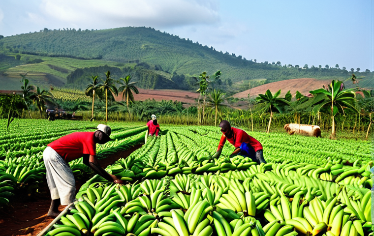 Banana Plantation Scene**
"A lush banana plantation in Guinea, West Africa, with farmers harvesting the ripe fruit. The scene shows workers carefully cutting bunches of bananas and loading them onto carts. Rolling hills in the background under a bright, sunny sky. Everyone is fully clothed in modest farming attire. Safe for work, appropriate content, family-friendly, professional quality, perfect anatomy, correct proportions, natural pose, well-formed hands, proper finger count, natural body proportions."
**